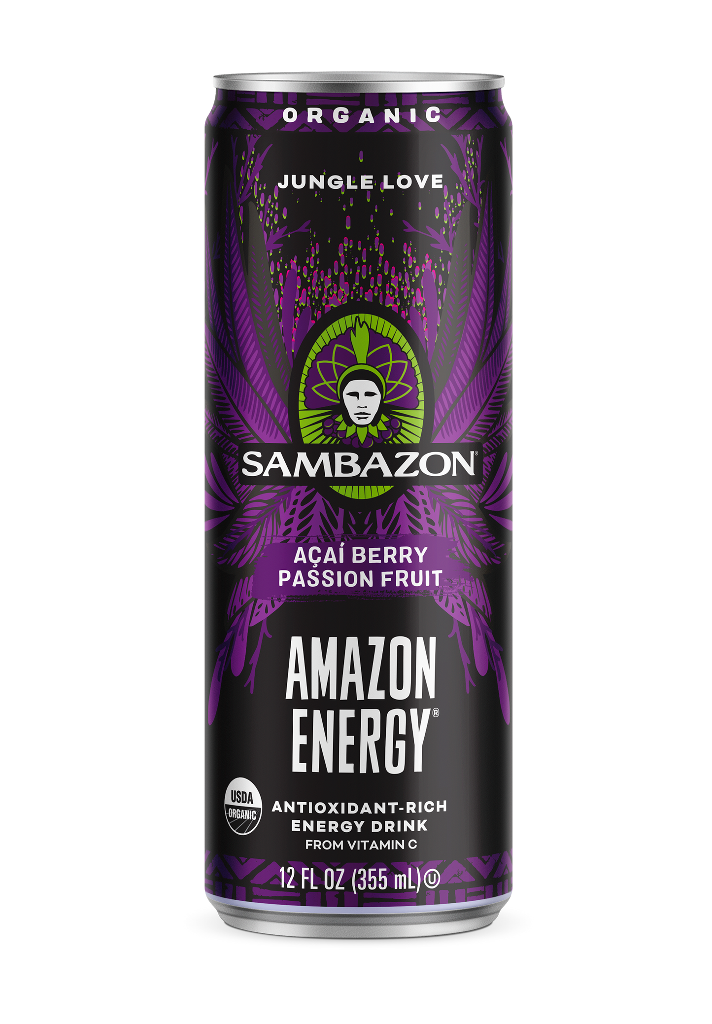 Sambazon Jungle Love Amazon Energy Acai Berry Passionfruit Energy Drink Organic 12 Fluid Ounce - 12 Per Case.