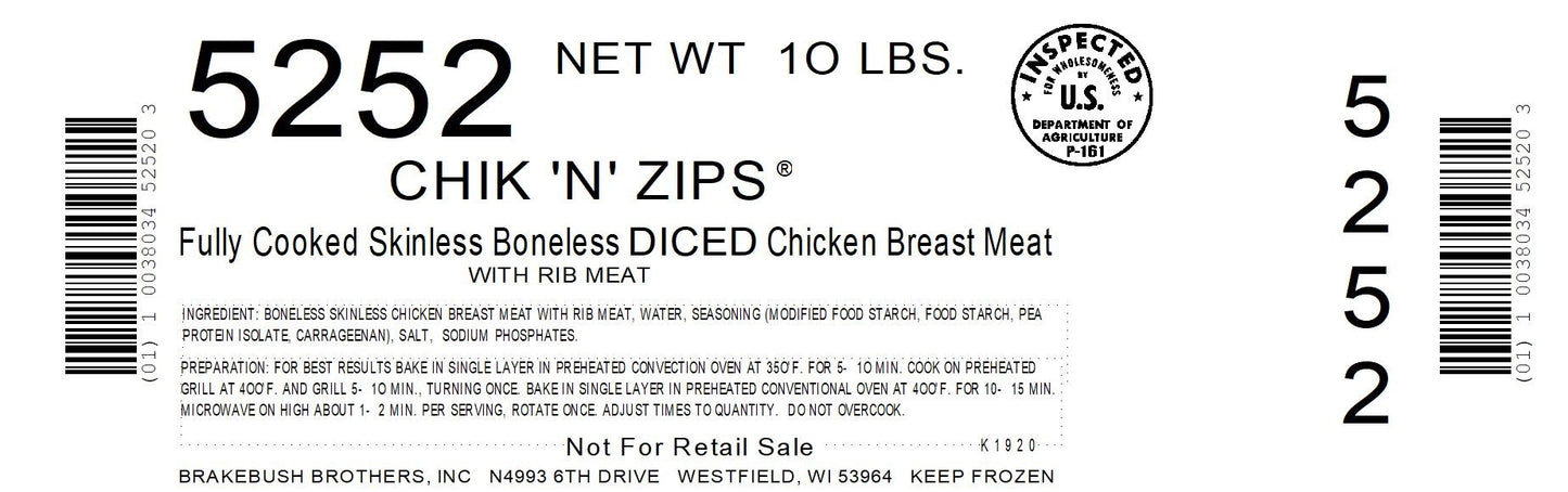 Chicken Fully Cooked Chik'n'zips® Diced Breast 5 Pound Each - 4 Per Case.