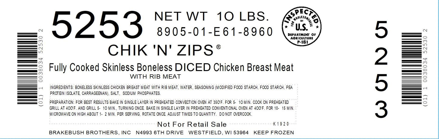 Chicken Fully Cooked Chik'n'zips® Diced Breast 5 Pound Each - 2 Per Case.