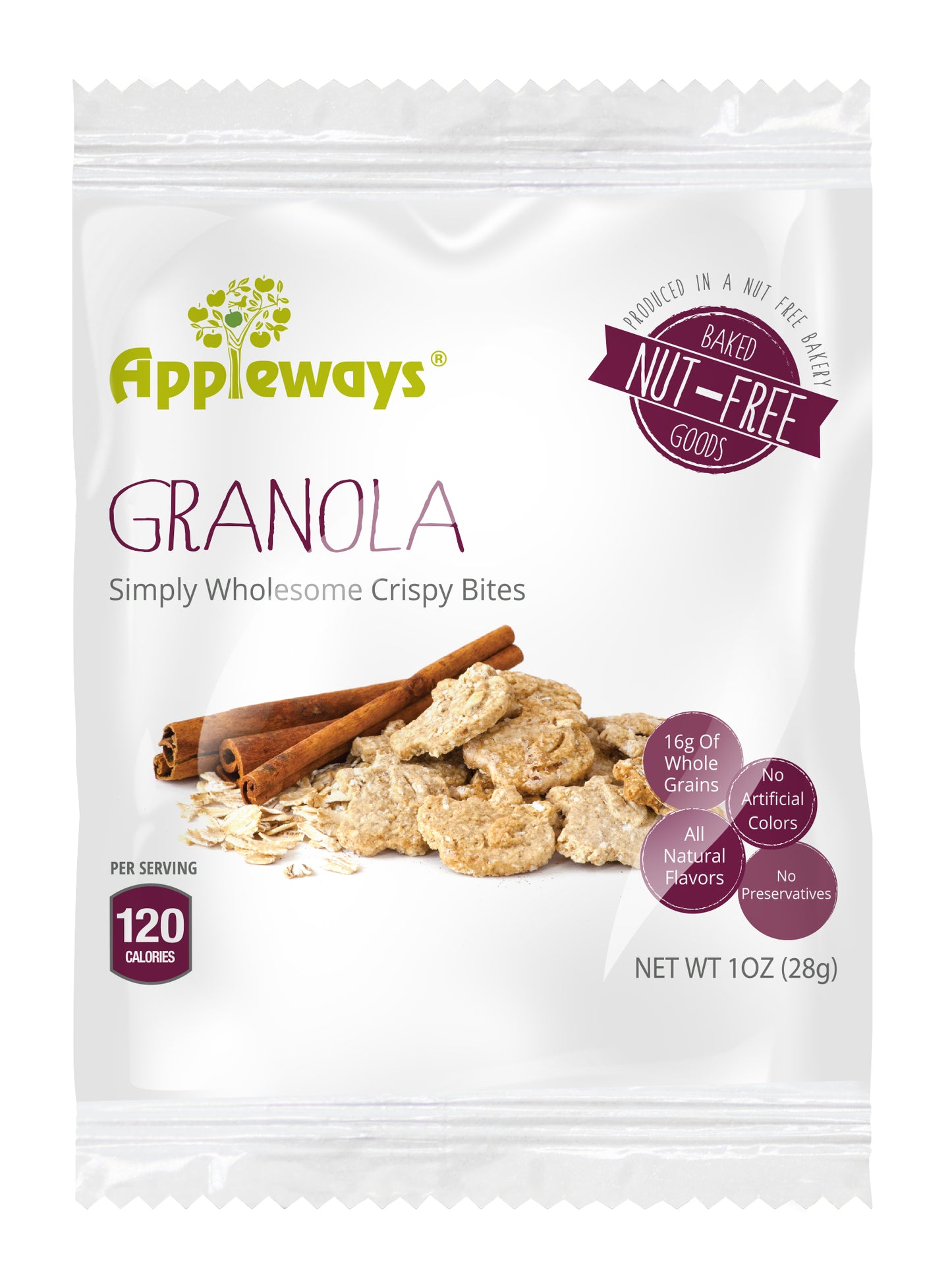 Appleways Whole Grain Granola Crispy Bites Individually Wrapped 1 Count Packs - 108 Per Case.