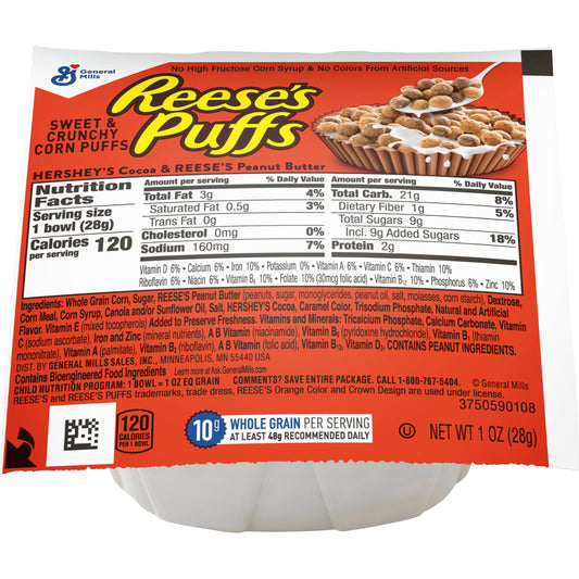 Reese's Puffs Cereal Single Serve Bowlpak 1 Ounce Size - 96 Per Case.