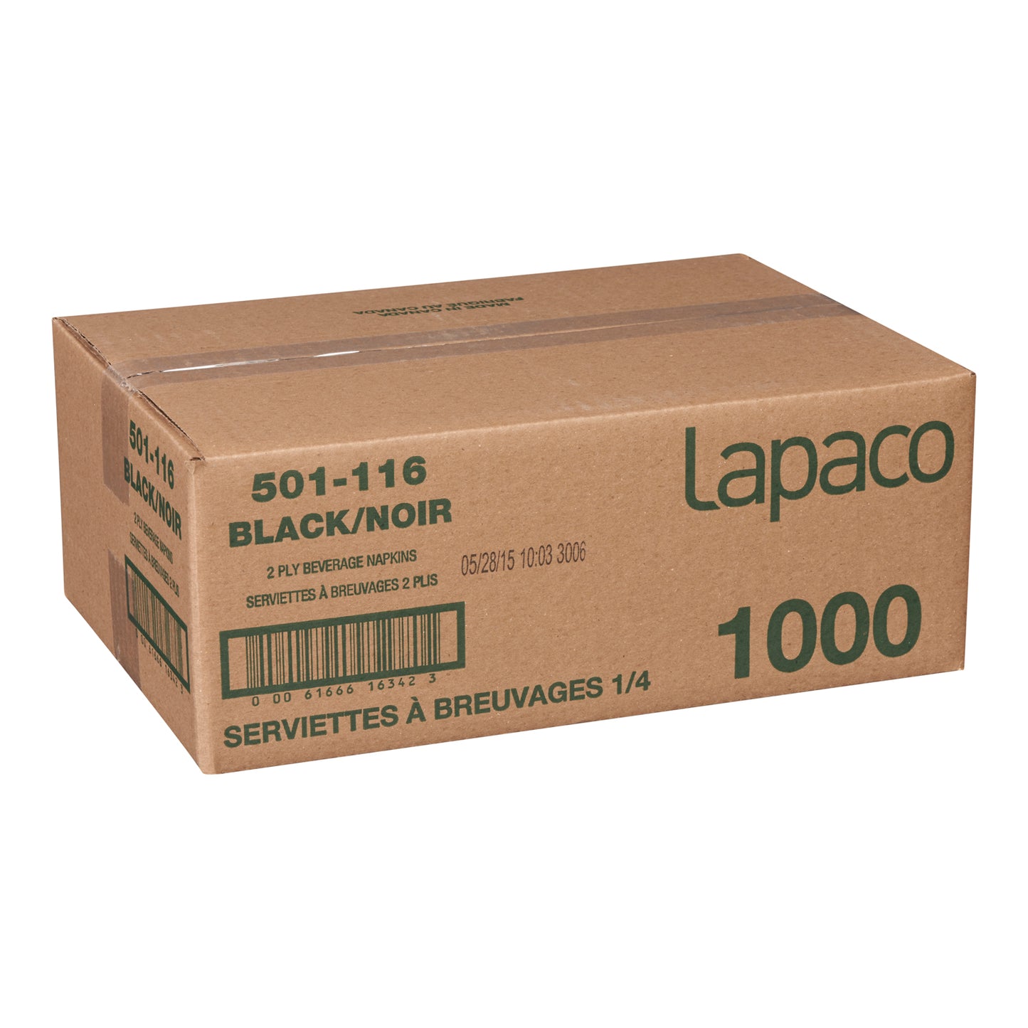 Lapaco 10 Inch X 10 Inch 1/4 Fold 2 Ply Black Beverage Napkin 1000 Each - 1 Per Case.