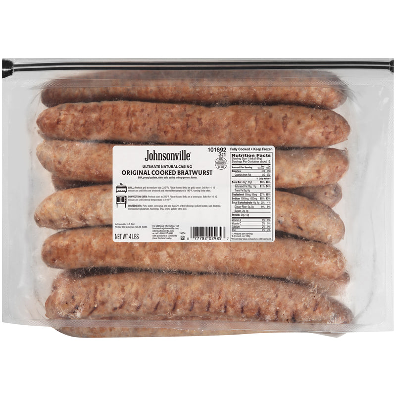 Johnsonville Cooked Natural Casing Original Bratwurst Pork Sausage Links 4 Pound Each - 2 Per Case.