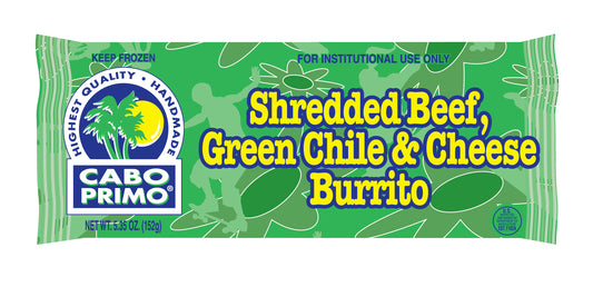 Cabo Primo Shredded Beef Green Chile Cheeseburrito 5.35 Ounce Size - 80 Per Case.