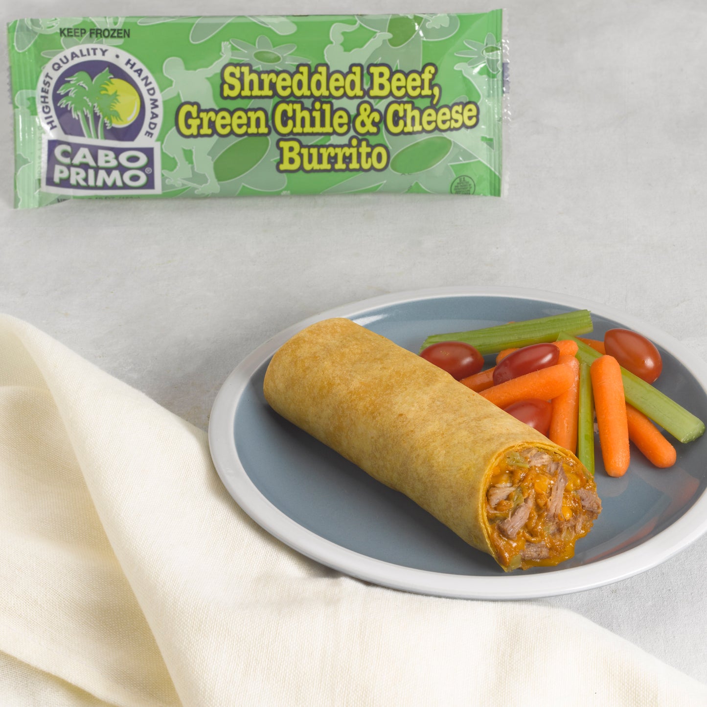 Cabo Primo Shredded Beef Green Chile Cheeseburrito 5.35 Ounce Size - 80 Per Case.