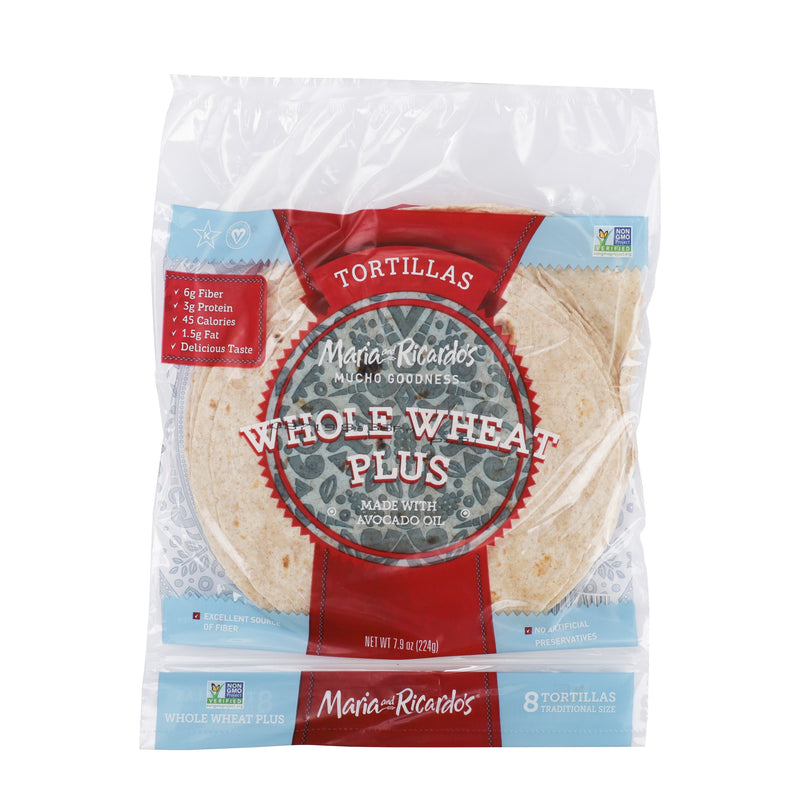 Maria & Ricardo's Whole Wheat Plus Fiber Rich Tortillas 6 Inch 8 Count Packs - 16 Per Case.