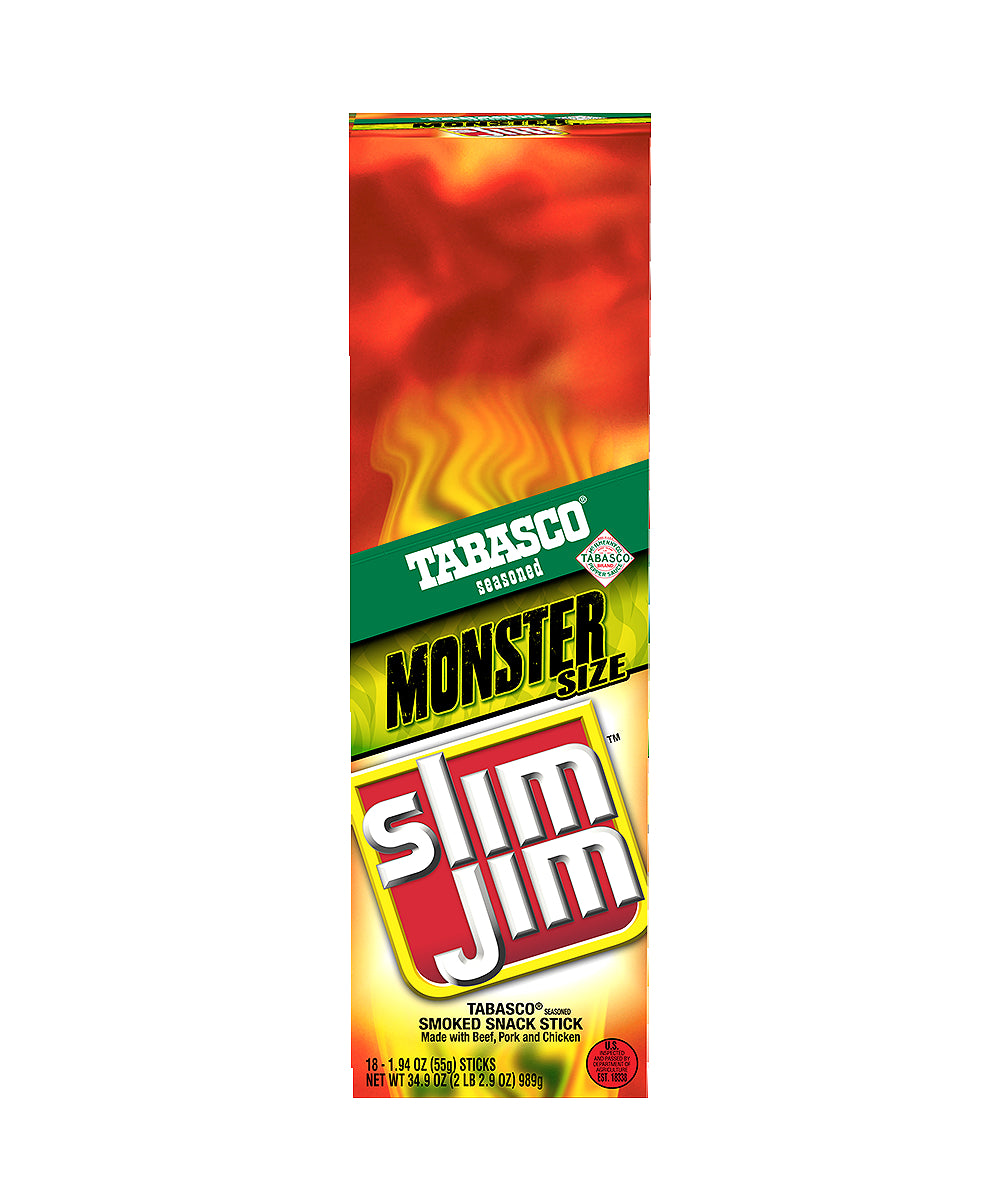 Slim Jim Monster Smoked Meat Stick Tabasco Flavor Count 1.94 Ounce Size - 108 Per Case.