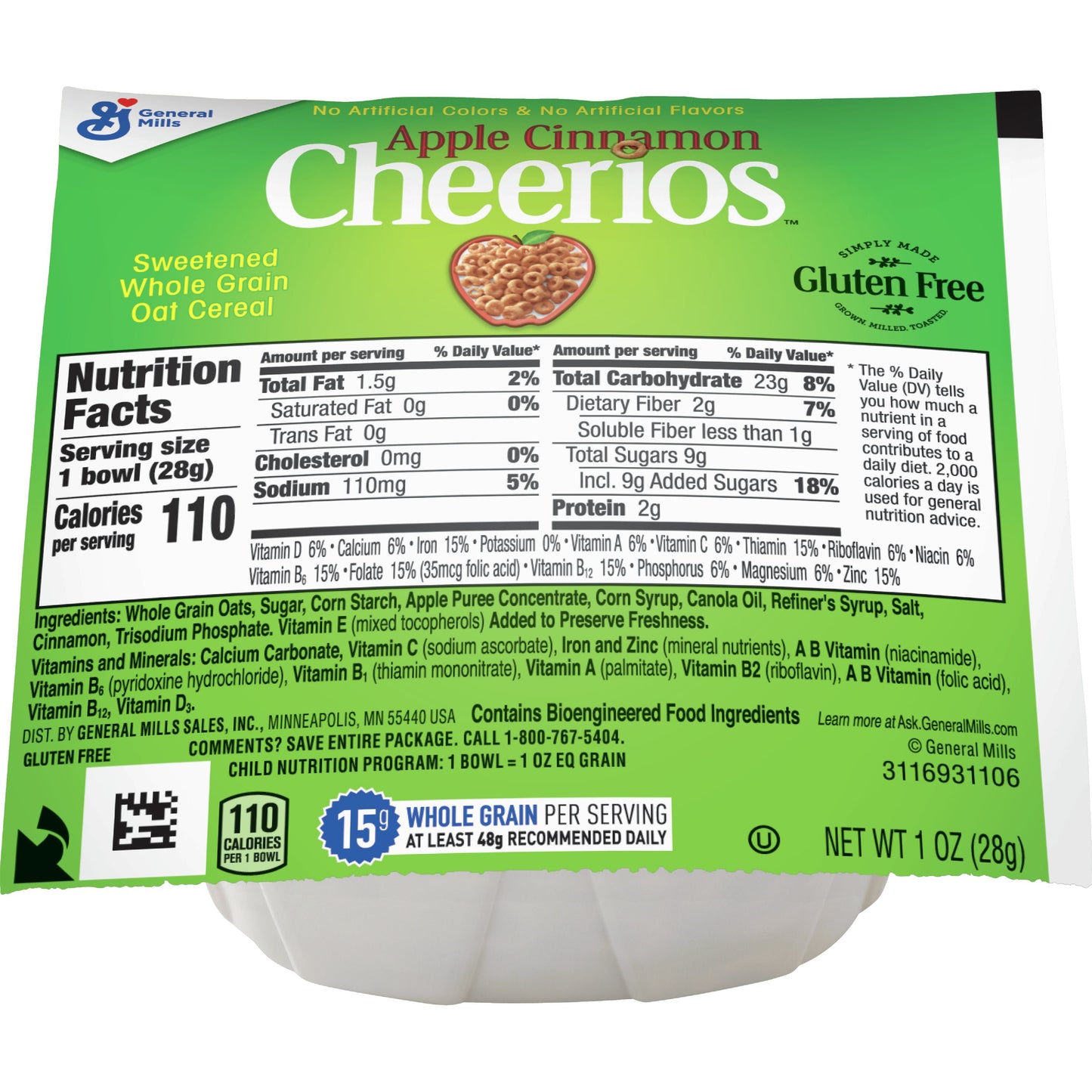 Cereal Bowl Pak Apple Cinnamon Cheerios 1 Ounce Size - 96 Per Case.