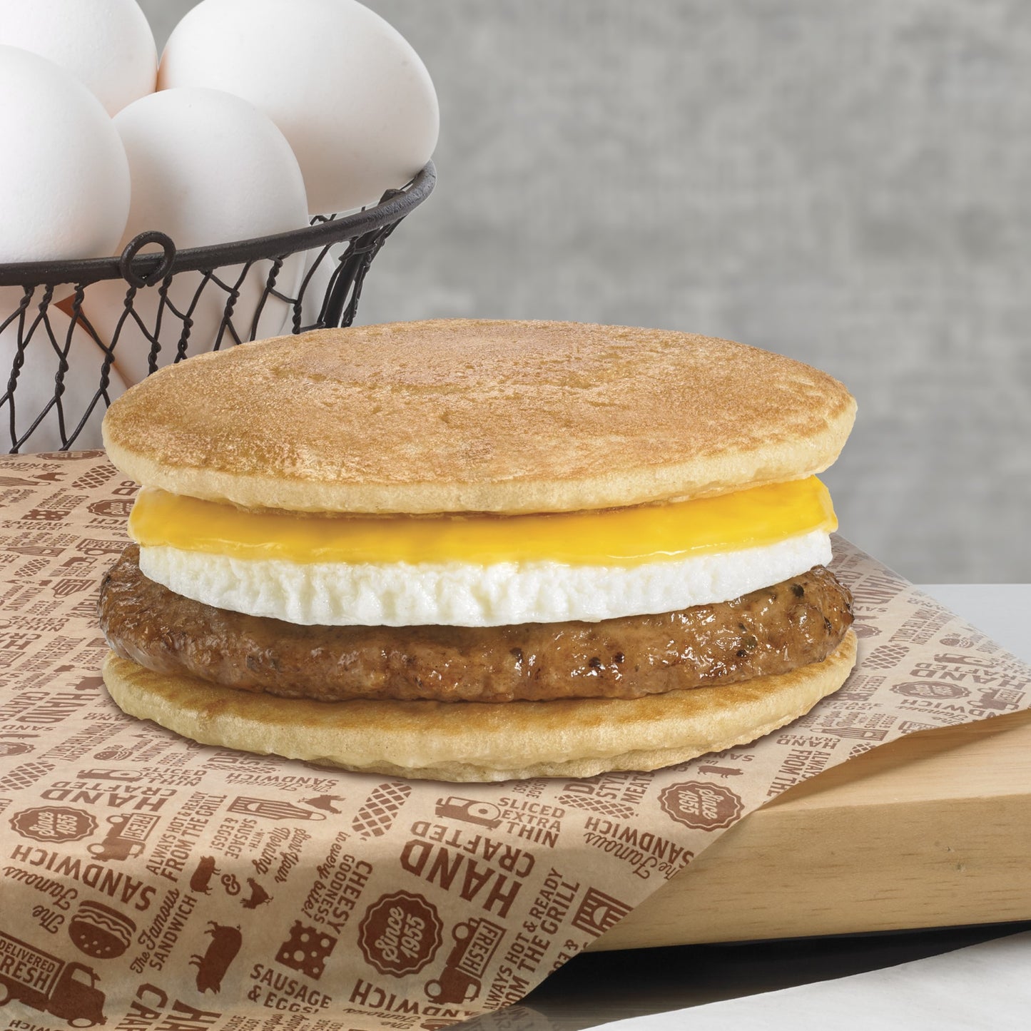 Deli Express Sausage Egg & Cheese Between Pancakes 5.7 Ounce Size - 12 Per Case.