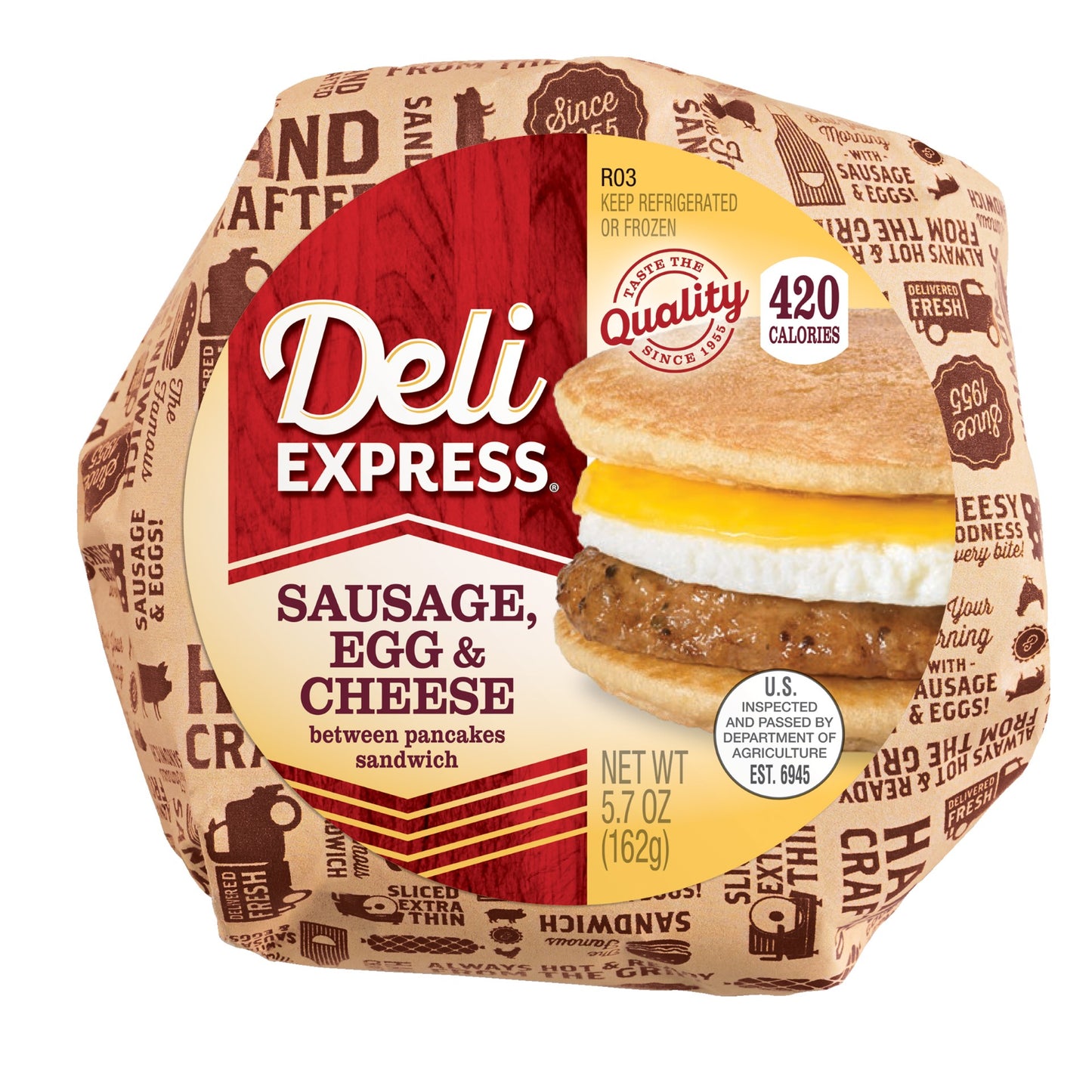 Deli Express Sausage Egg & Cheese Between Pancakes 5.7 Ounce Size - 12 Per Case.