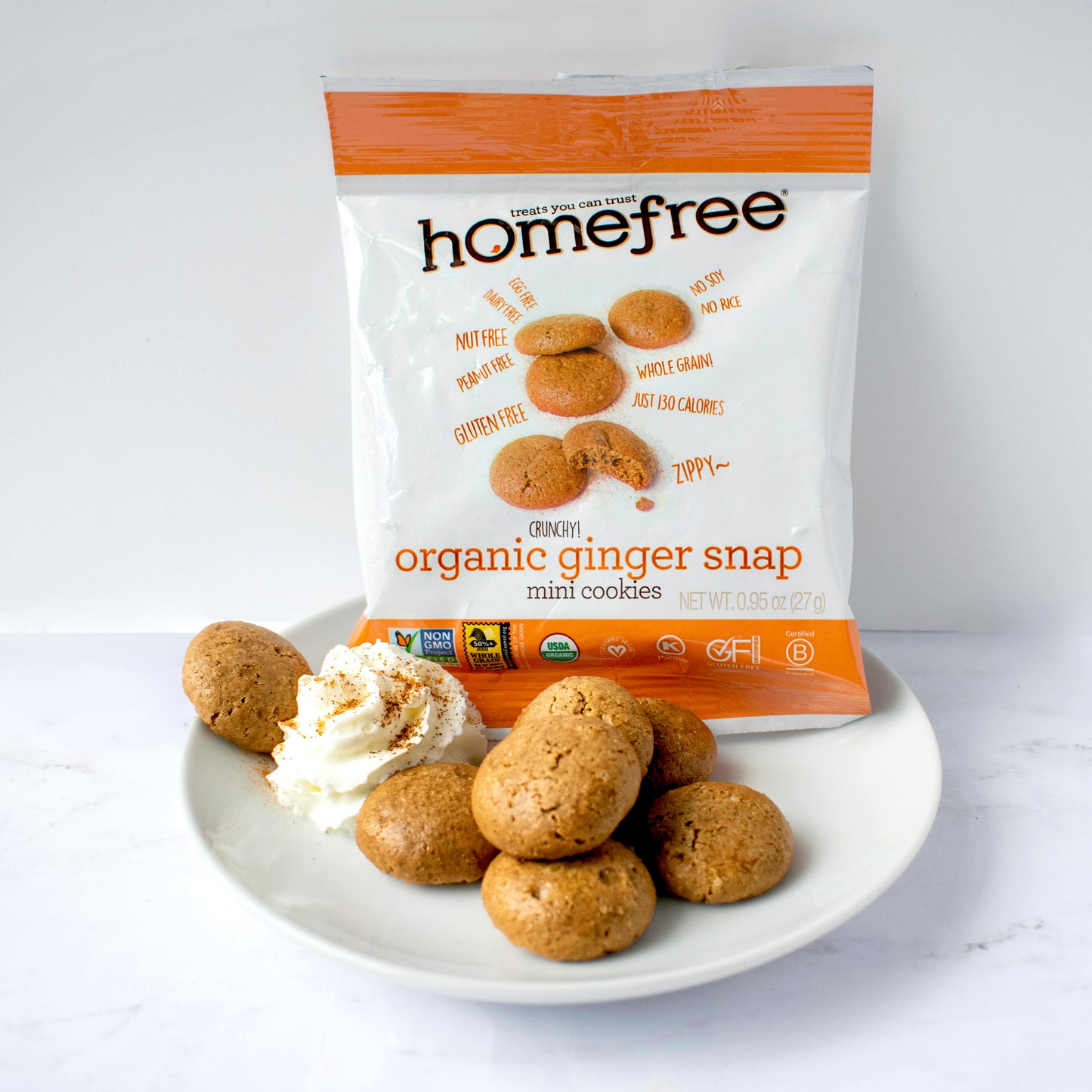 Organic Ginger Snap Mini Cookies Gluten Free Grab & Go Tray 0.95 Ounce Size - 10 Per Case.