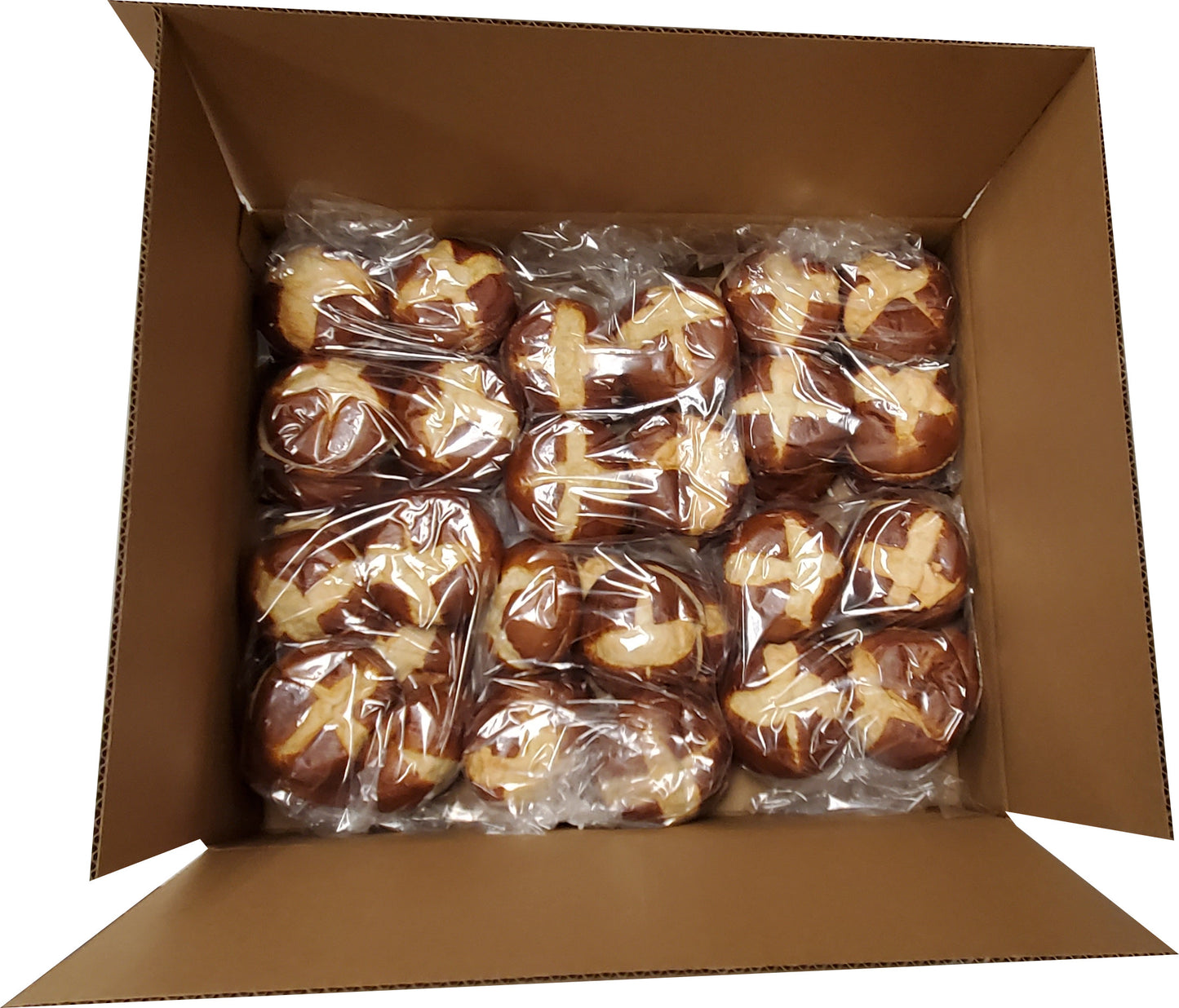 Pretzel Hamburger Bun Slice Packs 3 Ounce Size - 48 Per Case.