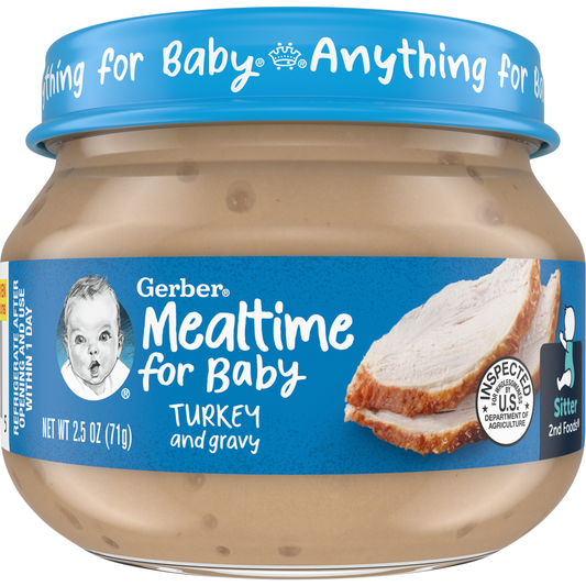 Gerber 2nd Foods Turkey & Gravy Baby Food Jars 2.5 Ounce Size - 10 Per Case.