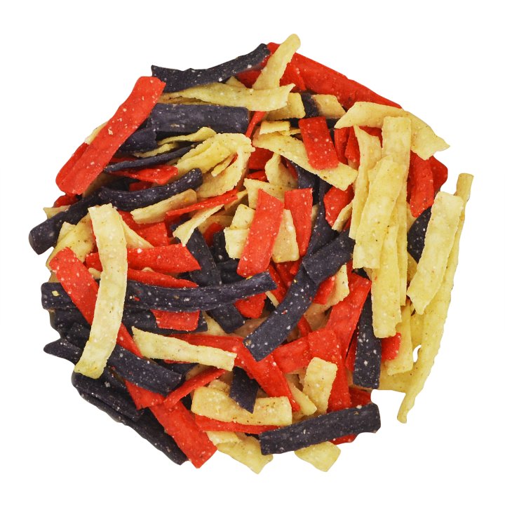 Fresh Gourmet Tortilla Strips Tri-Color 0.5 Ounce Size - 100 Per Case.