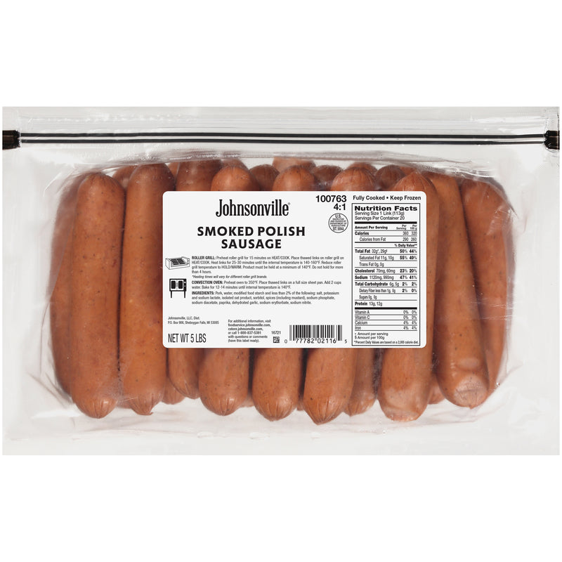 Johnsonville Cooked Skinless Smoked Polish Pork Sausage Links Food Servi 5 Pound Each - 2 Per Case.