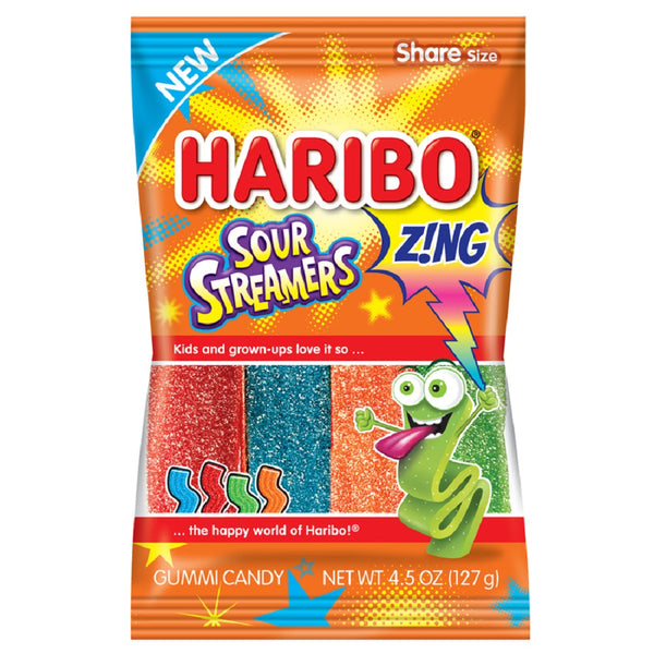 Haribo Confectionery Sour Streamers Peg Bag 4.5 Ounce Size - 12 Per Case.