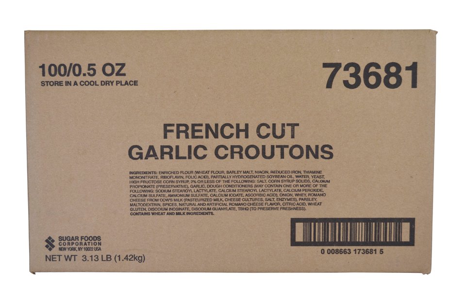 Fresh Gourmet Single Serve French Garlic Croutons 0.5 Ounce Size - 100 Per Case.