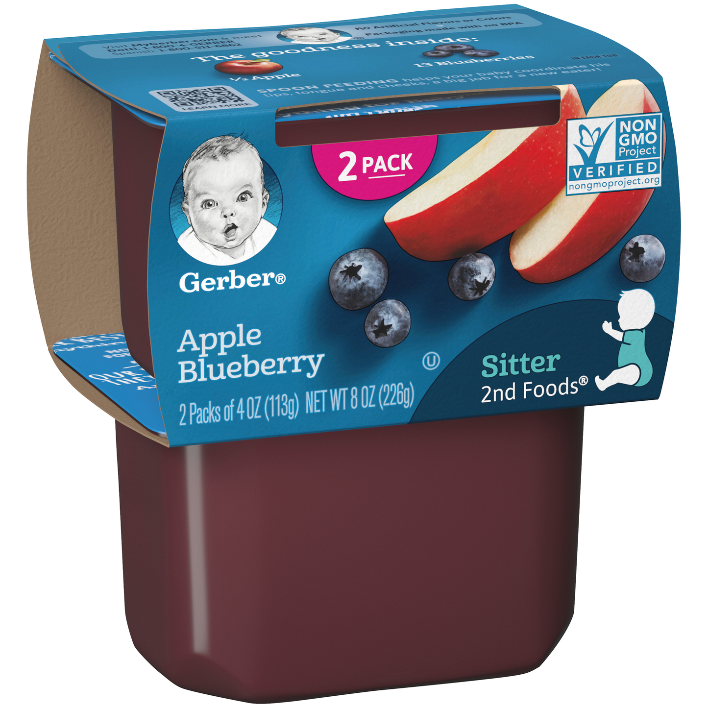 (2 pack of 4 Oz) Gerber 2nd Foods Apple Blueberry Baby Food 8 Ounce Size - 8 Per Case.