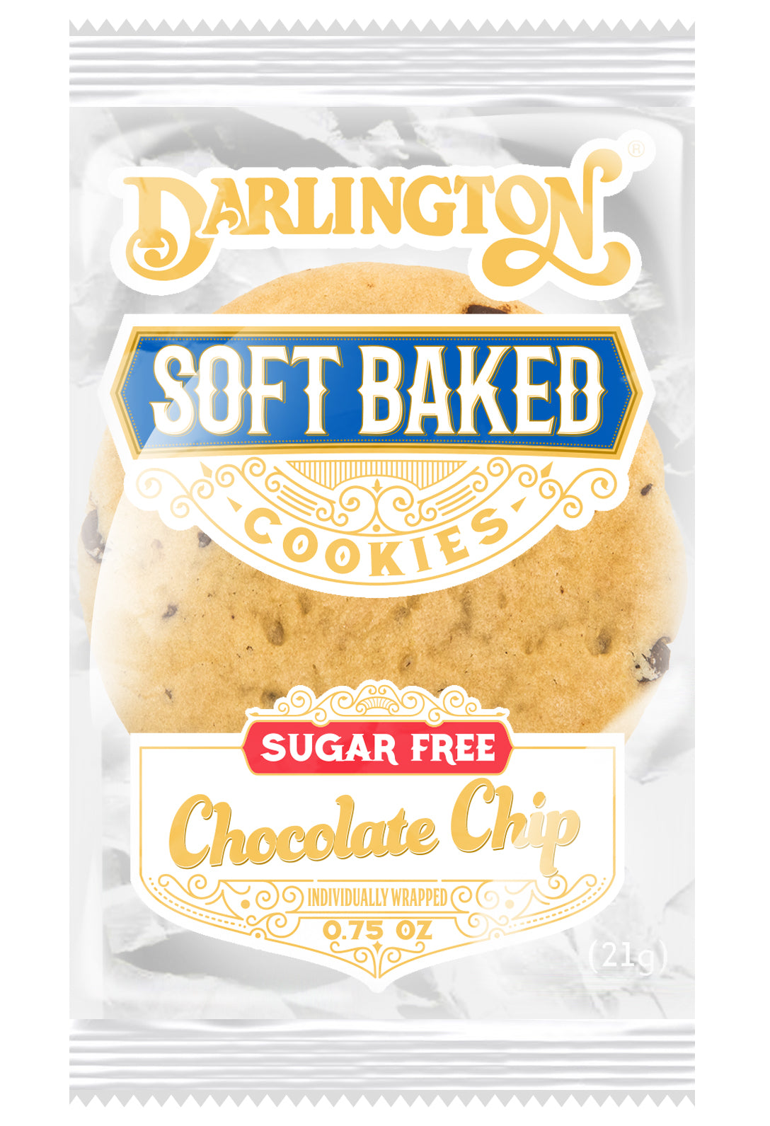 Darlington Sugar Free Soft Baked Chocolate Chip Cookies Individually Wrapped 1 Count Packs - 106 Per Case.