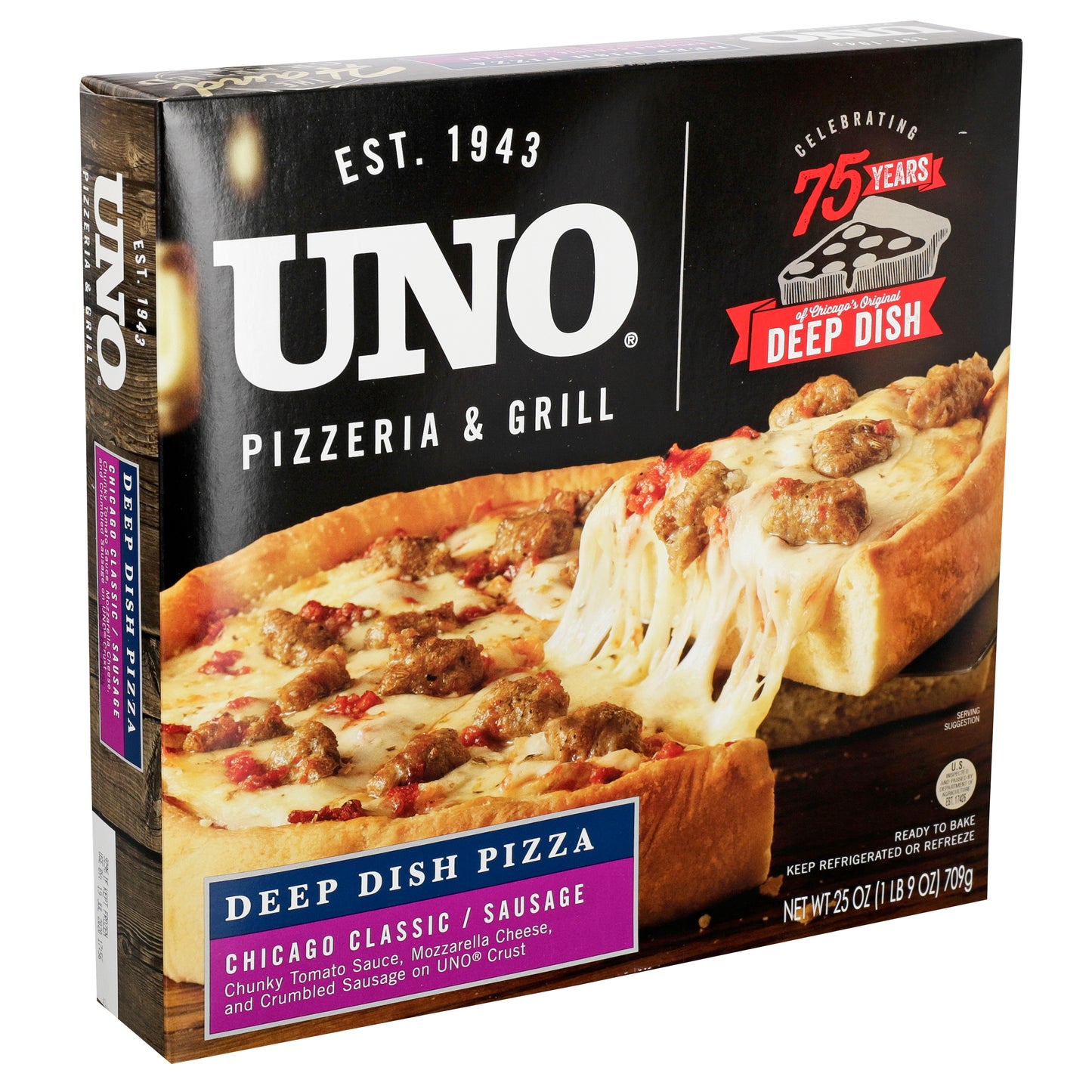 Uno Foods Inc 9" Deep Dish Sausage Pizza 25 Ounce Size - 6 Per Case.