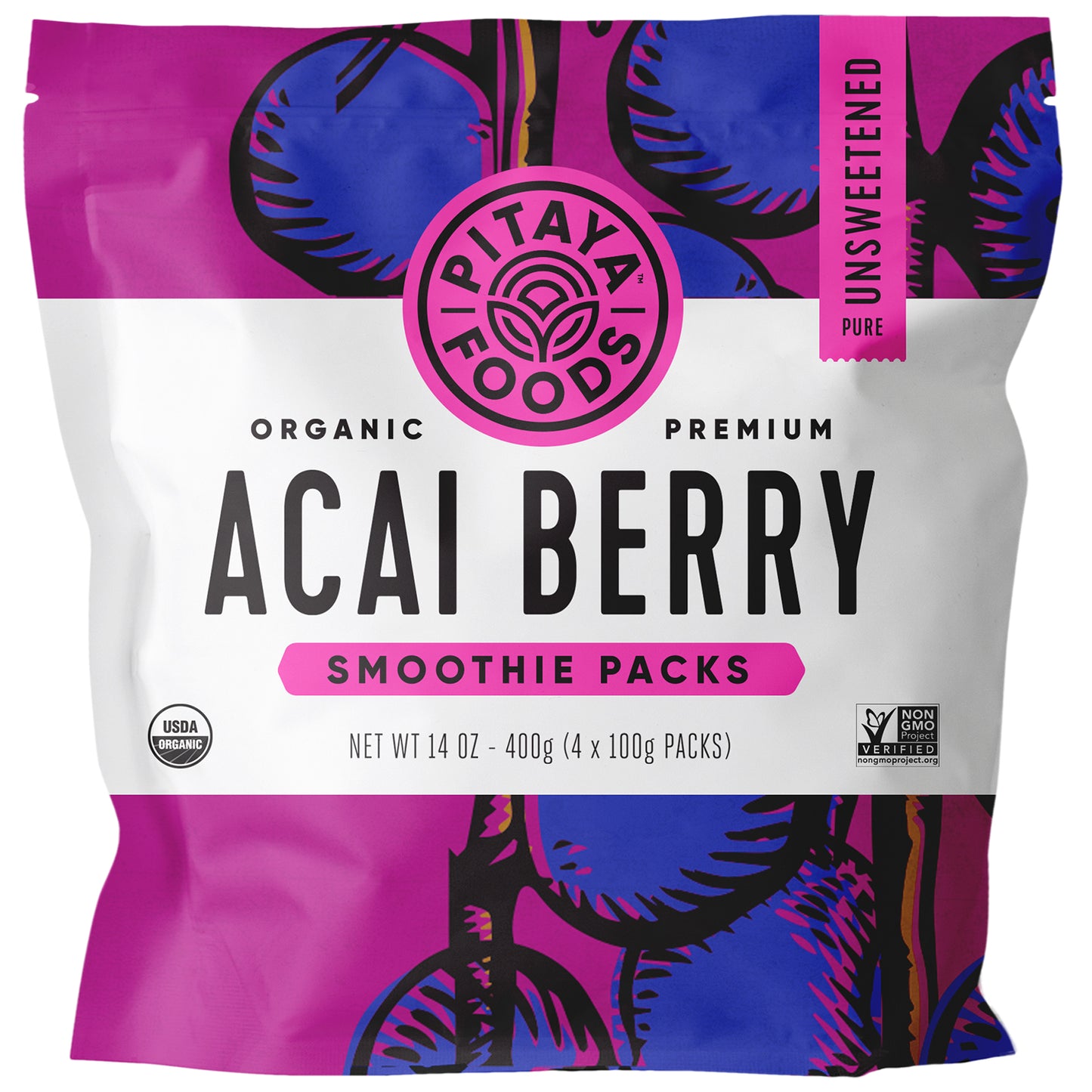 Pitaya Plus Organic Acai Pure Smoothie Packs 14 Ounce Size - 8 Per Case.