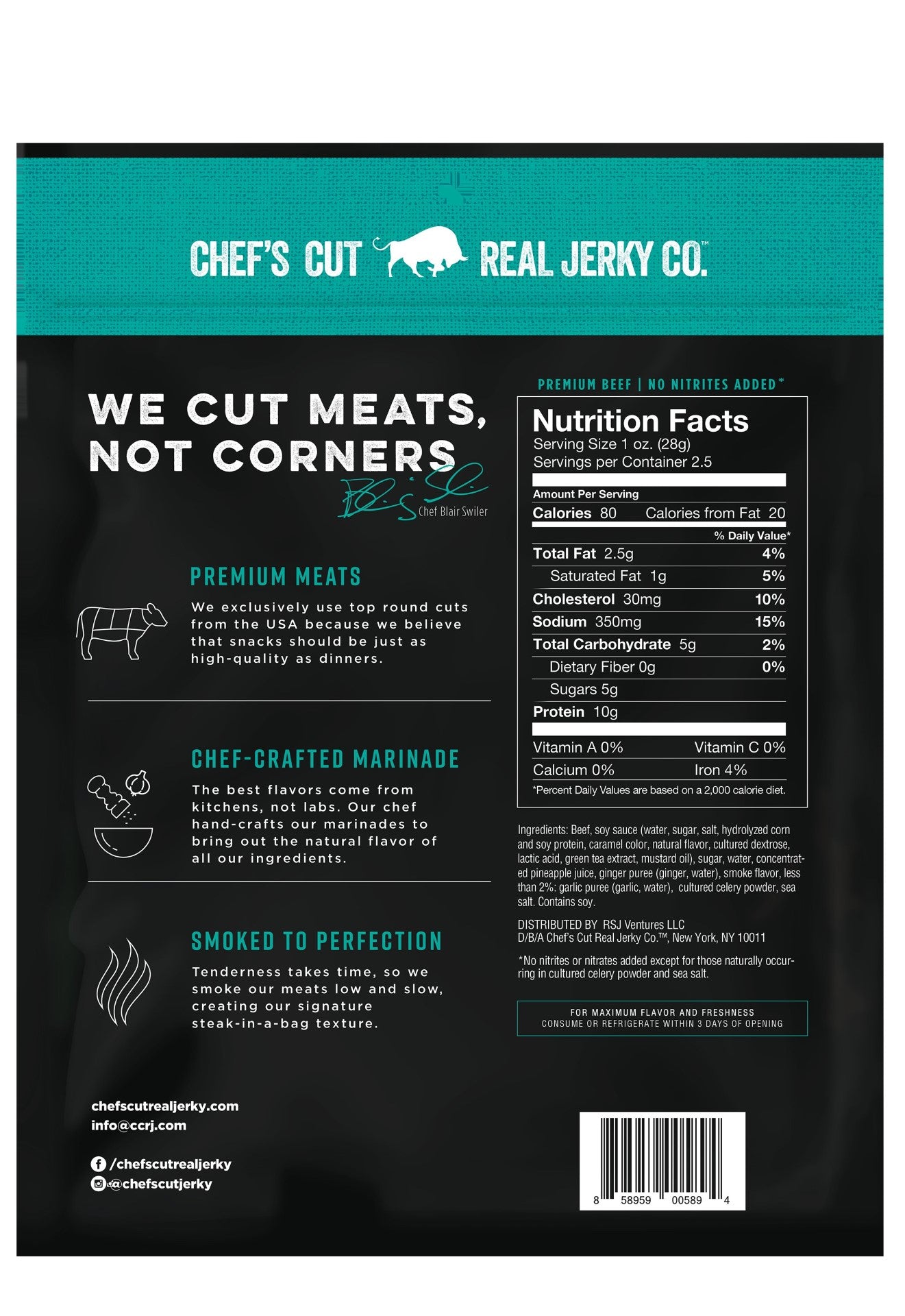 Chef's Cut Real Jerky Co Smoked Beef Teriyaki Asian 2.5 Ounce Size - 8 Per Case.
