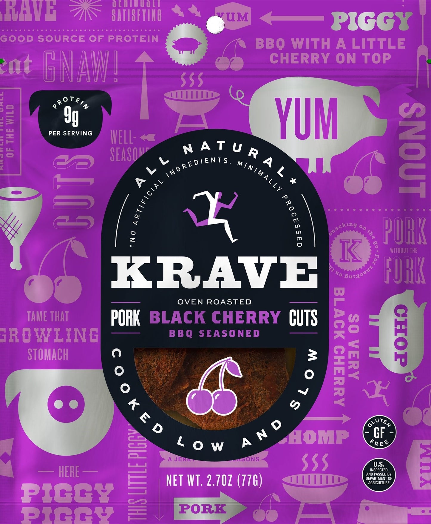 Krave Black Cherry Barbecue Gourmet Pork Cuts 8 Count Packs - 1 Per Case.