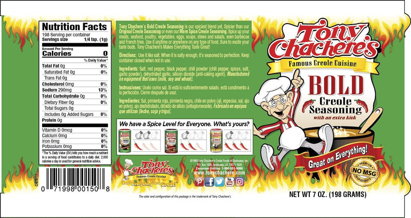 Tony Chachere's Bold Creole Seasoning 7 Ounce Size - 6 Per Case.