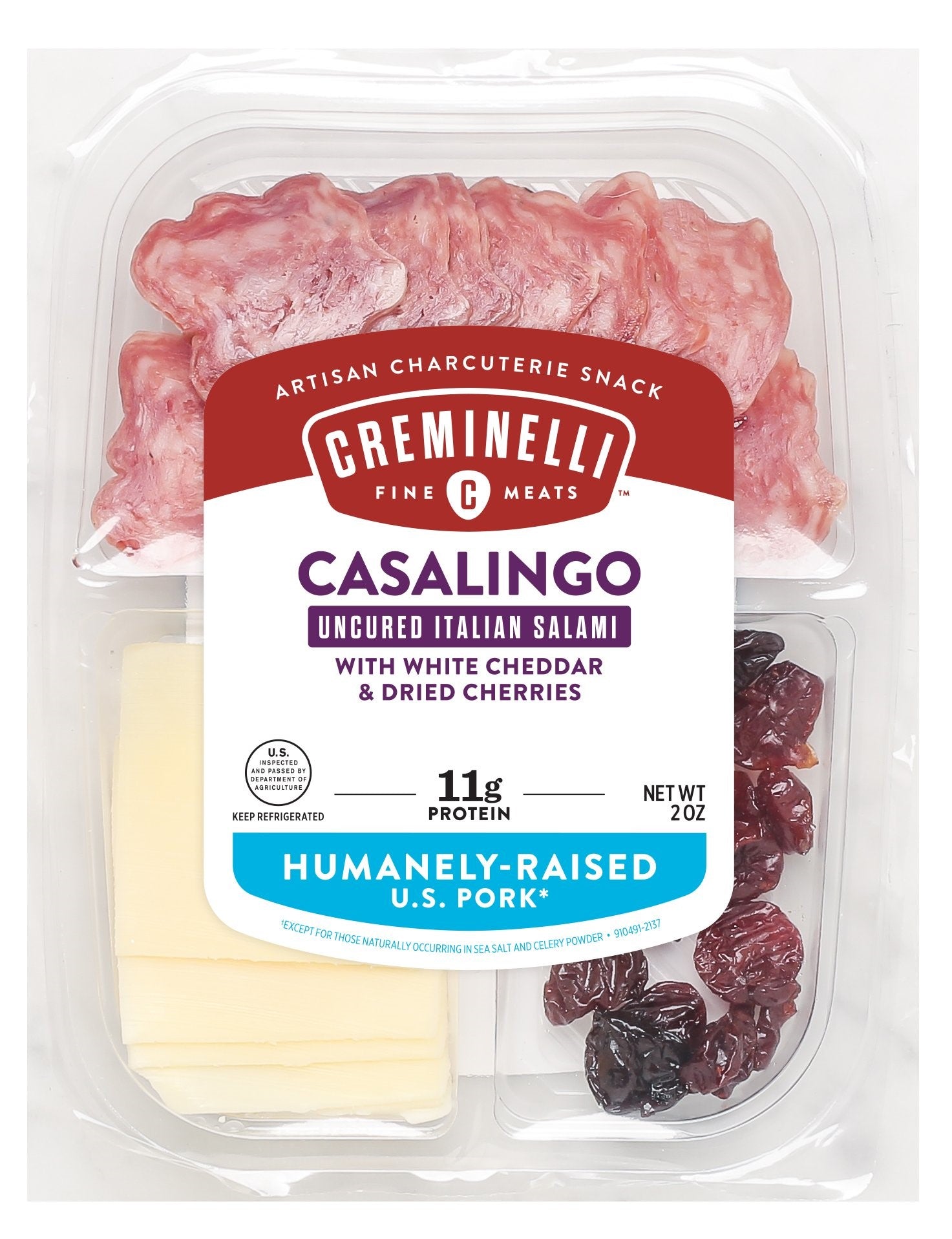 Sliced Casalingo White Cheddar & Cherries Snack Tray Casalingo Salami Paired With Creamy 2 Ounce Size - 12 Per Case.