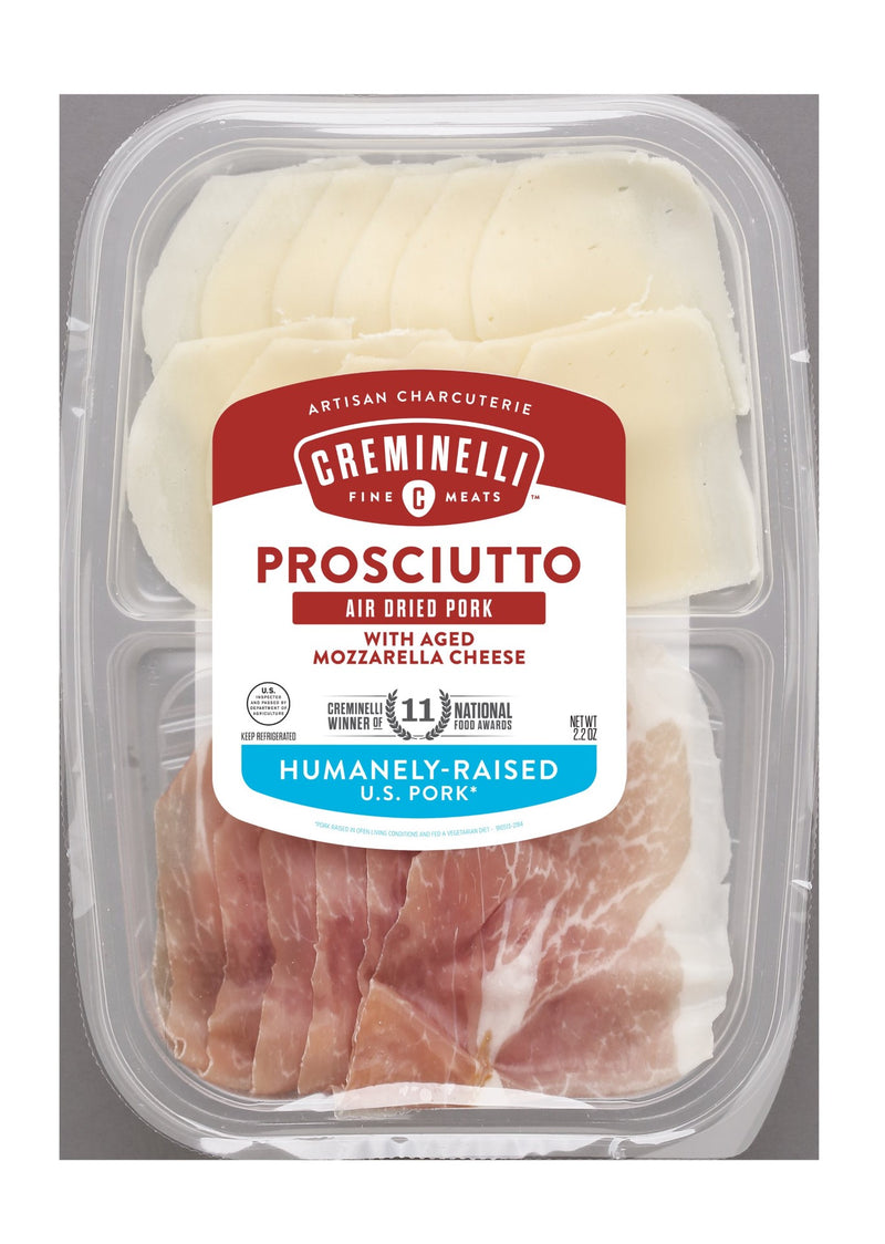 Sliced Prosciutto & Mozzarella Snack Tray Silky Thin Slices Of All Natural Domestic Prosc 2.2 Ounce Size - 12 Per Case.