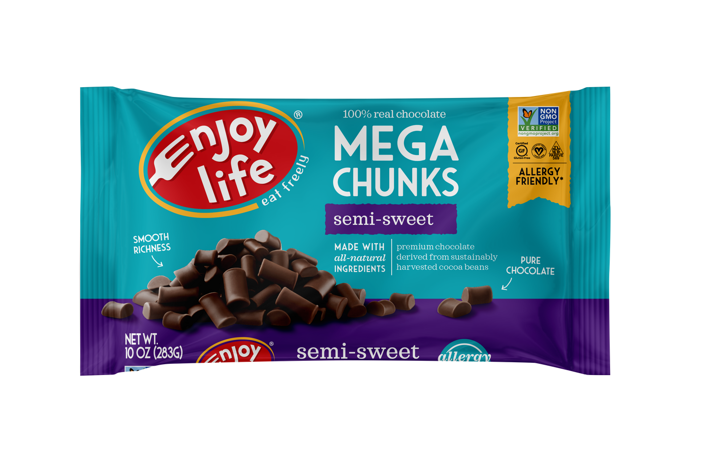 Enjoy Life Semi Sweet Dairy Free Mega Chocolate Chips Vegan 10 Ounce Size - 12 Per Case.