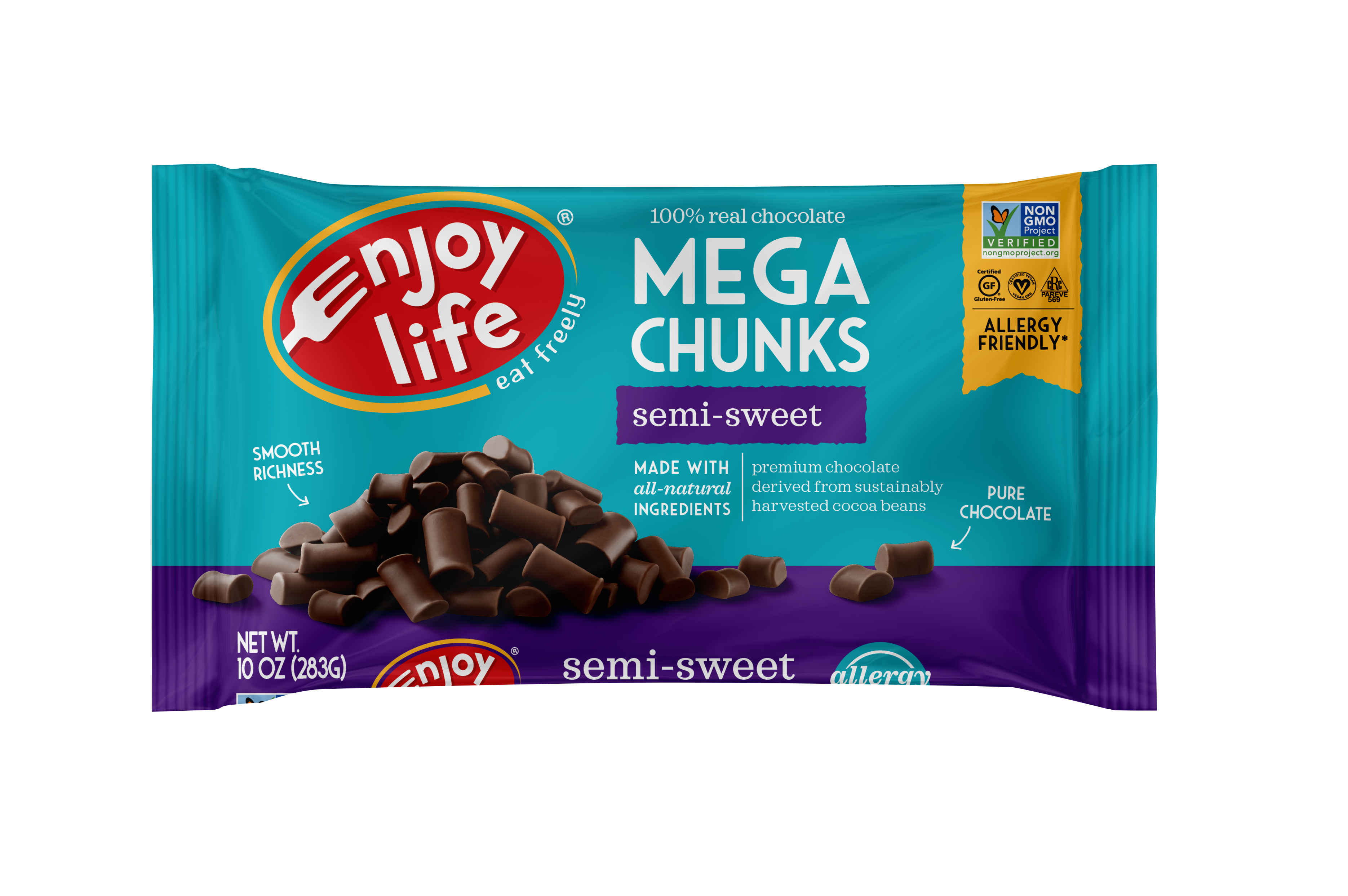 Enjoy Life Semi Sweet Dairy Free Mega Chocolate Chips Vegan 10 Ounce Size - 12 Per Case.