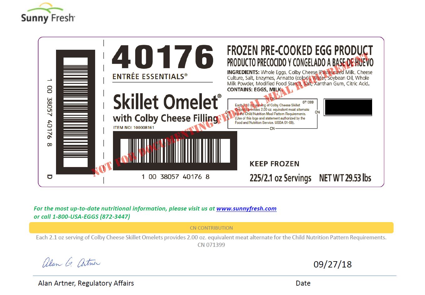 Sunny Fresh Egg Skillet Omelets Colby, 2.1 Ounces, 225 per case