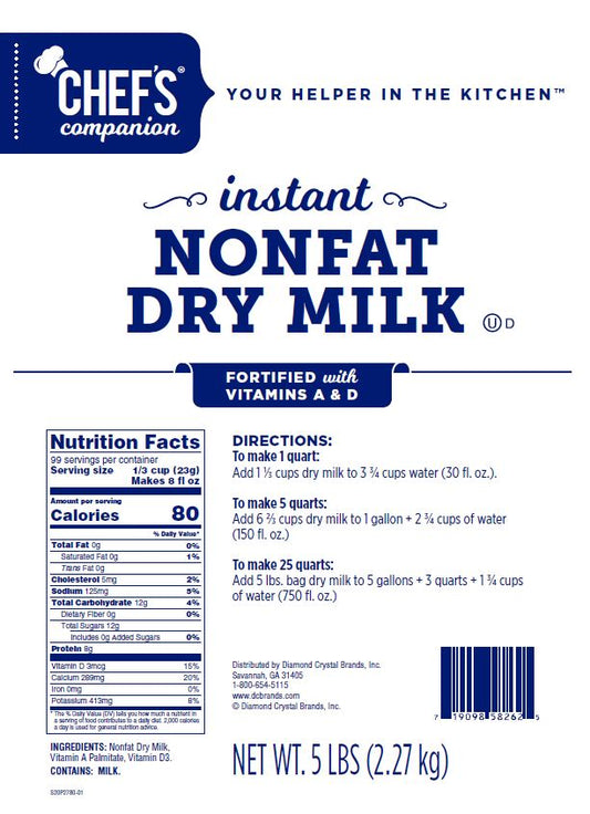 Chefs Companion Non Fat Dry Milk Instant 5 Pound Each - 6 Per Case.