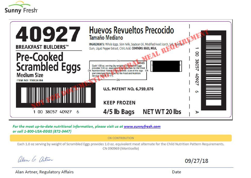 Sunny Fresh Precooked Medium Size Scrambled Eggs, 5 Pounds, 4 per case