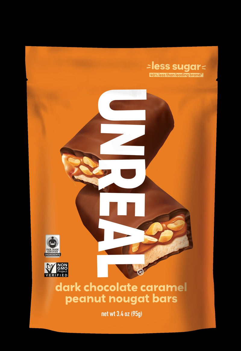 Unreal Brands Dark Chocolate Caramel Peanut Nougat Bars 3.4 Ounce Size - 6 Per Case.
