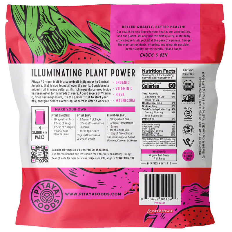 Pitaya Plus Organic Dragon Fruit Smoothie Packs 14 Ounce Size - 8 Per Case.