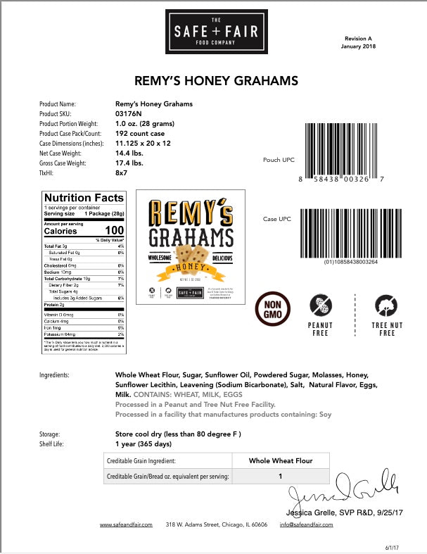 Remy's Grahams Honey1 Ounce Size - 192 Per Case.