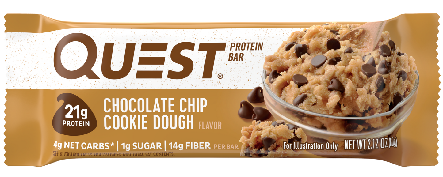 Quest Bar Chocolate Chip Cookie Dough 2.12 Ounce Size - 144 Per Case.