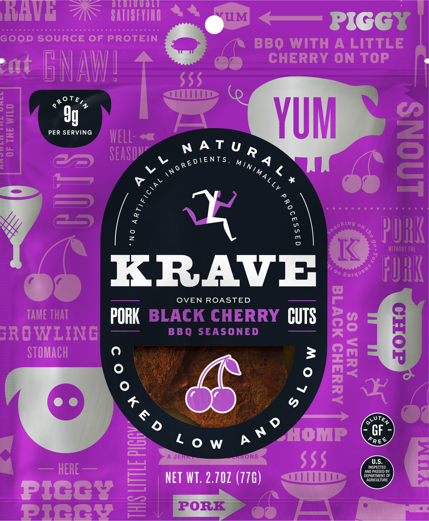 Krave Black Cherry Barbecue Gourmet Pork Cuts 8 Count Packs - 1 Per Case.