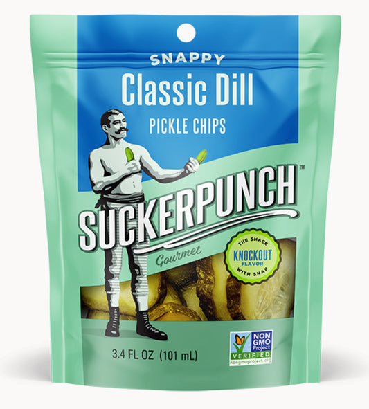 Suckerpunch Gourmet Classic Dill Pickle Chips 1 Count Packs - 12 Per Case.