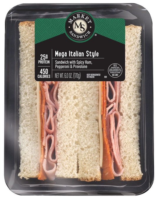 Market Sandwich Mega Italian Spicy Ham, Pepperoni, & Provolone Sandwich Wedge 6 Ounce Size - 8 Per Case.