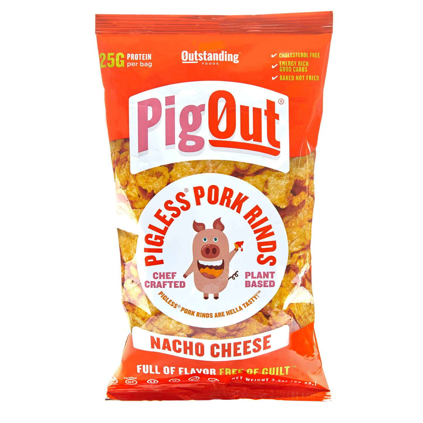 Pigout Nacho Cheese Pigless Pork Rinds 3.5 Ounce Size - 12 Per Case.