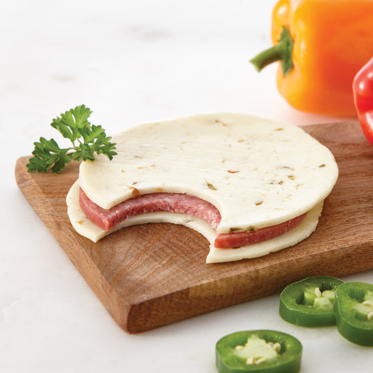 Slices Of Pepperjack Cheese With Slice Of Hard Salami In The Middle 2.5 Ounce Size - 96 Per Case.