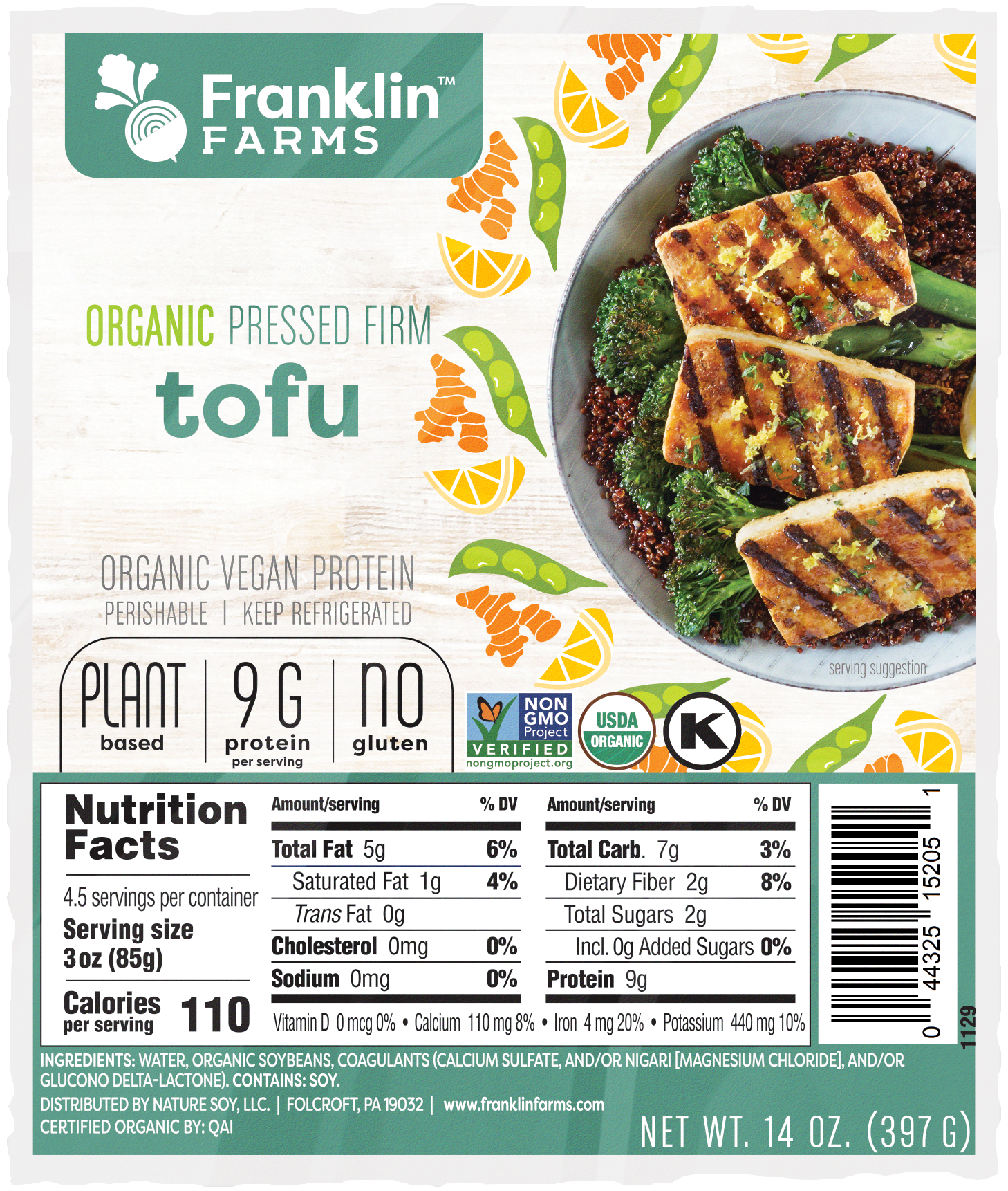Franklin Farms Firm Pressed Tofu Vacuum Pack 14 Ounce Size - 6 Per Case.