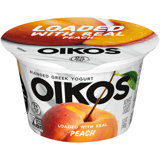 Oikos Dannon Core Peach Cups 5.3 Ounce Size - 12 Per Case.