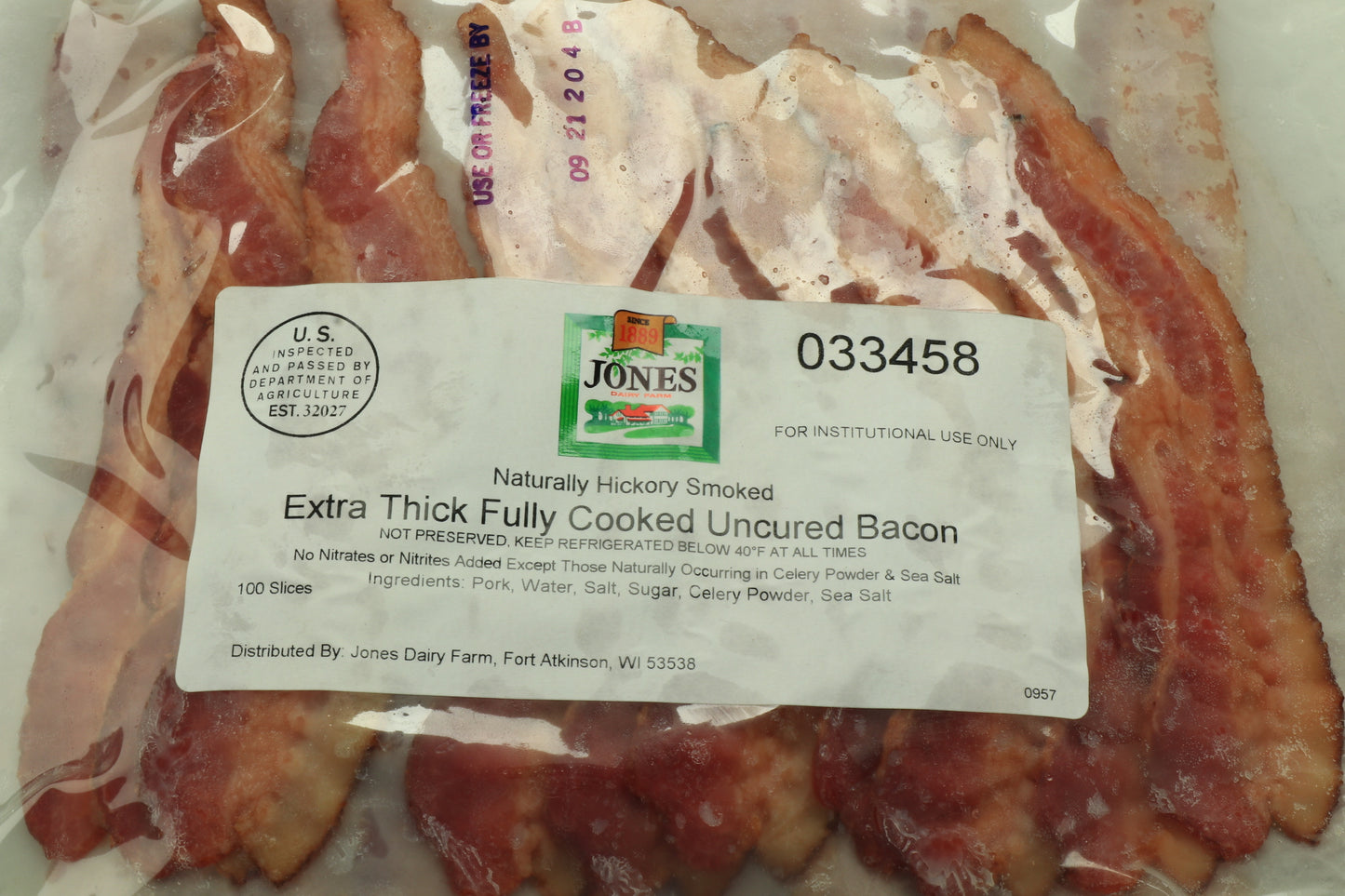 Jones Dairy Farm Precooked Hickory Smoked Bacon Thick Slice 100 Grams Each - 300 Per Case.