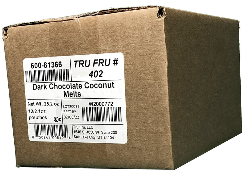 Tru Fru Hyper Dried Grab & Go Hyper Dried Coconut Melts In Dark Chocolate 2.1 Ounce Size - 12 Per Case.