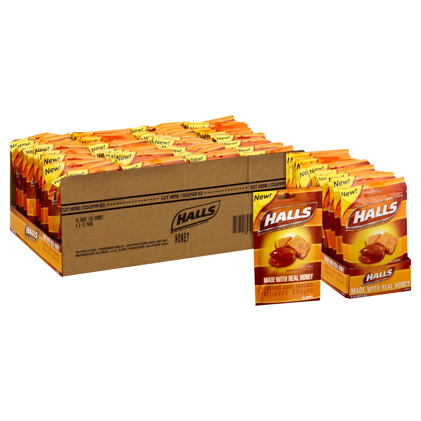 Halls Cough Drops Honey 30 Count Packs - 48 Per Case.