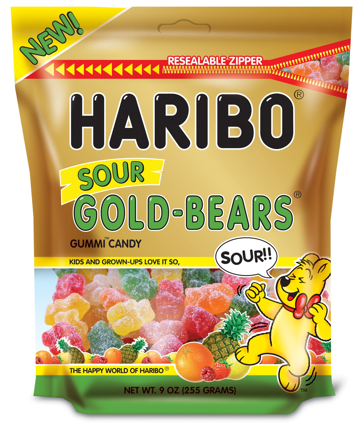 Sour Gold Bears Stand Up Resealable 9 Ounce Size - 8 Per Case.